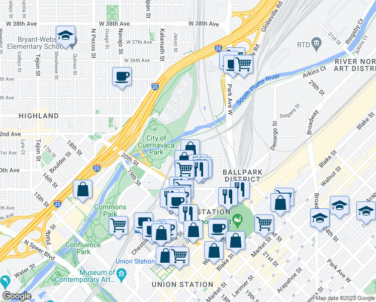 map of restaurants, bars, coffee shops, grocery stores, and more near 3100 N Inca Street in Denver