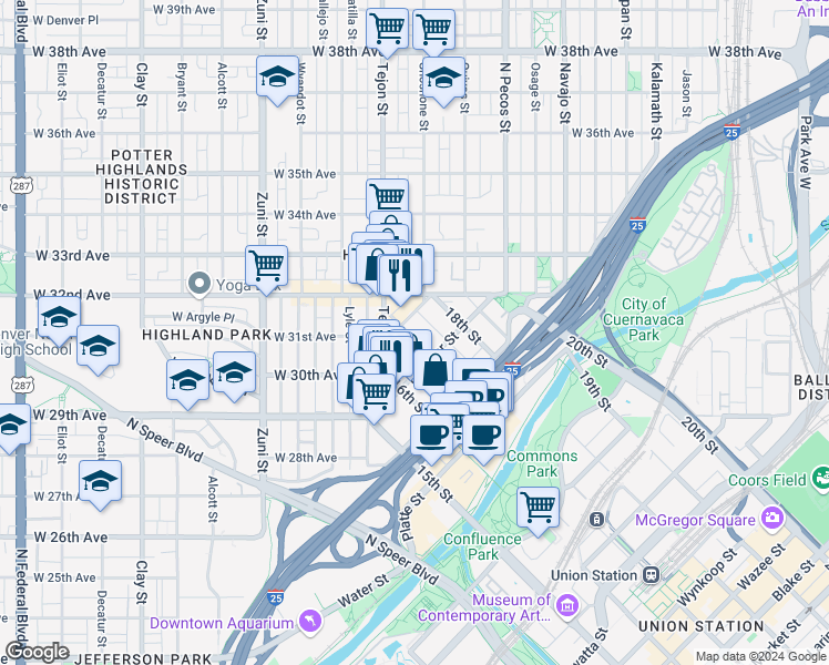 map of restaurants, bars, coffee shops, grocery stores, and more near 3000 Tejon Street in Denver