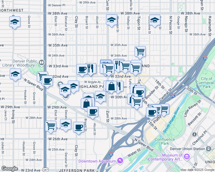 map of restaurants, bars, coffee shops, grocery stores, and more near in Denver
