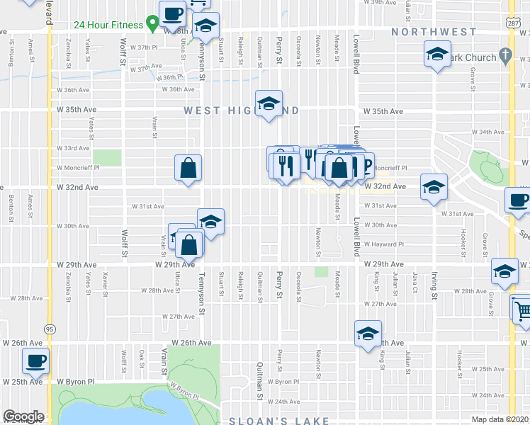 map of restaurants, bars, coffee shops, grocery stores, and more near 3004 Quitman Street in Denver