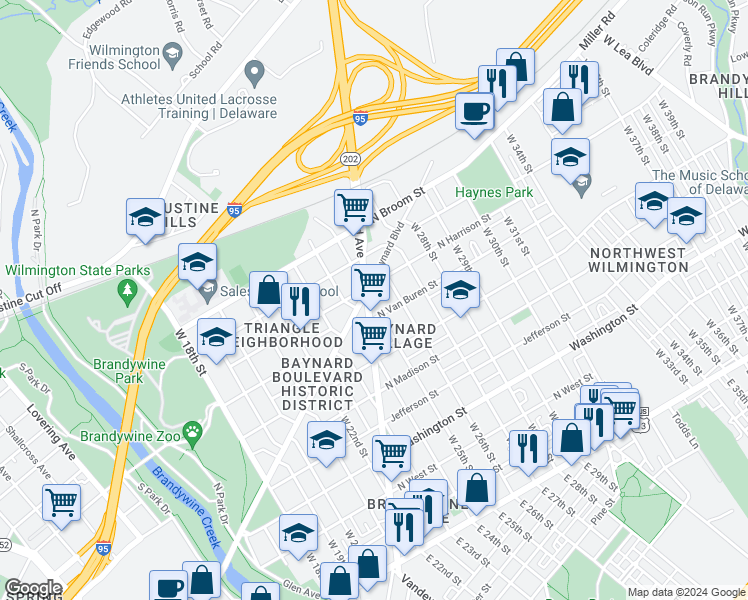 map of restaurants, bars, coffee shops, grocery stores, and more near 2501 North Van Buren Street in Wilmington