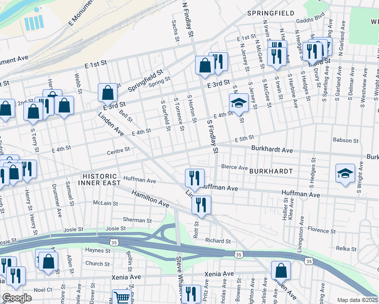 map of restaurants, bars, coffee shops, grocery stores, and more near 2420 East 5th Street in Dayton