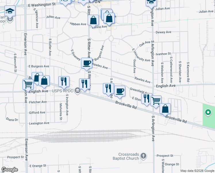 map of restaurants, bars, coffee shops, grocery stores, and more near 5532 Shimer Avenue in Indianapolis