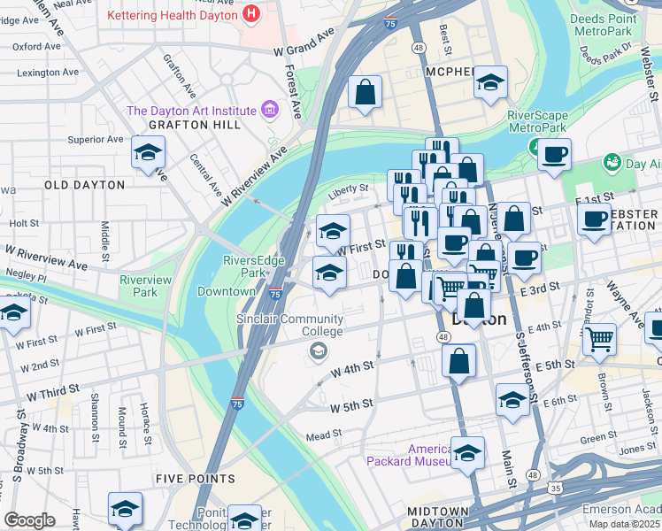 map of restaurants, bars, coffee shops, grocery stores, and more near 348 West First Street in Dayton