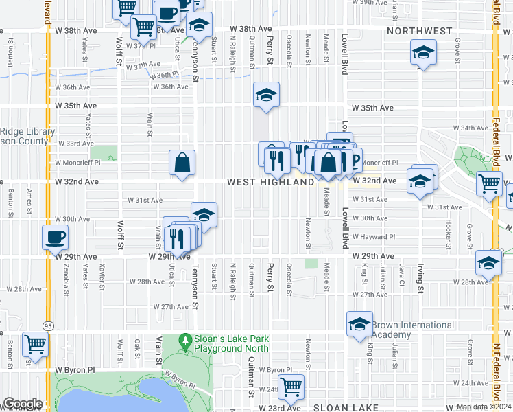 map of restaurants, bars, coffee shops, grocery stores, and more near 3028 Quitman Street in Denver