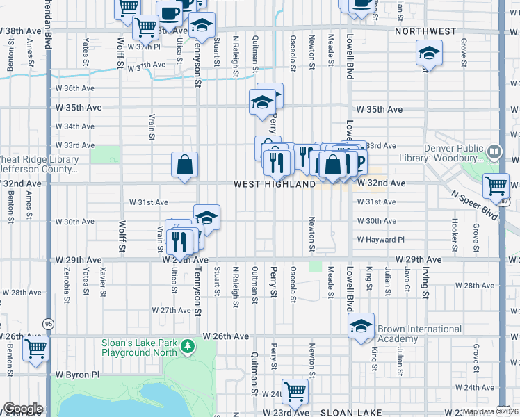 map of restaurants, bars, coffee shops, grocery stores, and more near 3004 Quitman Street in Denver