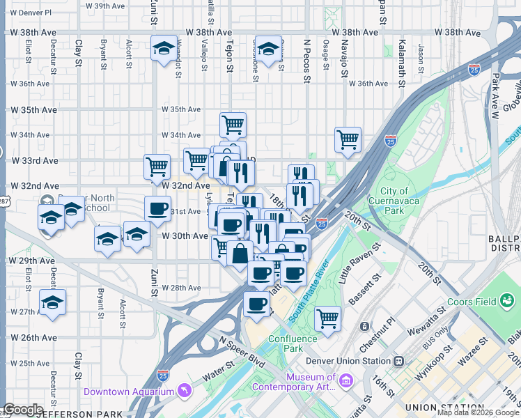 map of restaurants, bars, coffee shops, grocery stores, and more near 1717 Boulder Street in Denver