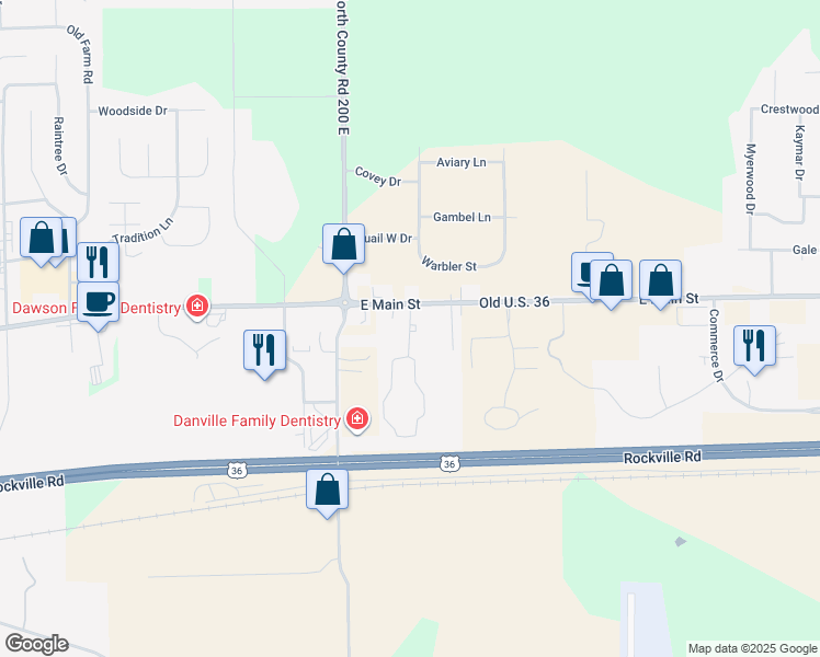 map of restaurants, bars, coffee shops, grocery stores, and more near 421 Woodberry Dr in Danville