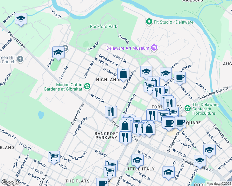 map of restaurants, bars, coffee shops, grocery stores, and more near 2313 West 16th Street in Wilmington