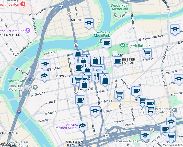 map of restaurants, bars, coffee shops, grocery stores, and more near 40 East 2nd Street in Dayton