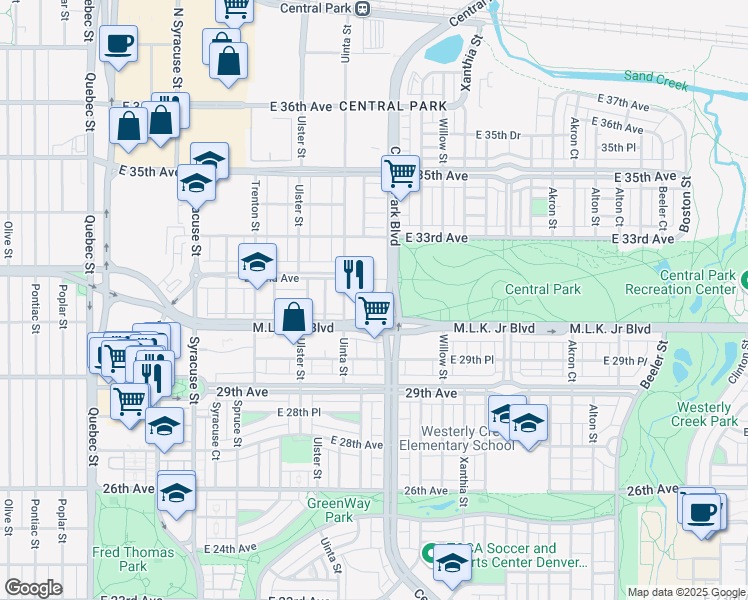 map of restaurants, bars, coffee shops, grocery stores, and more near 3120 Uinta Street in Denver