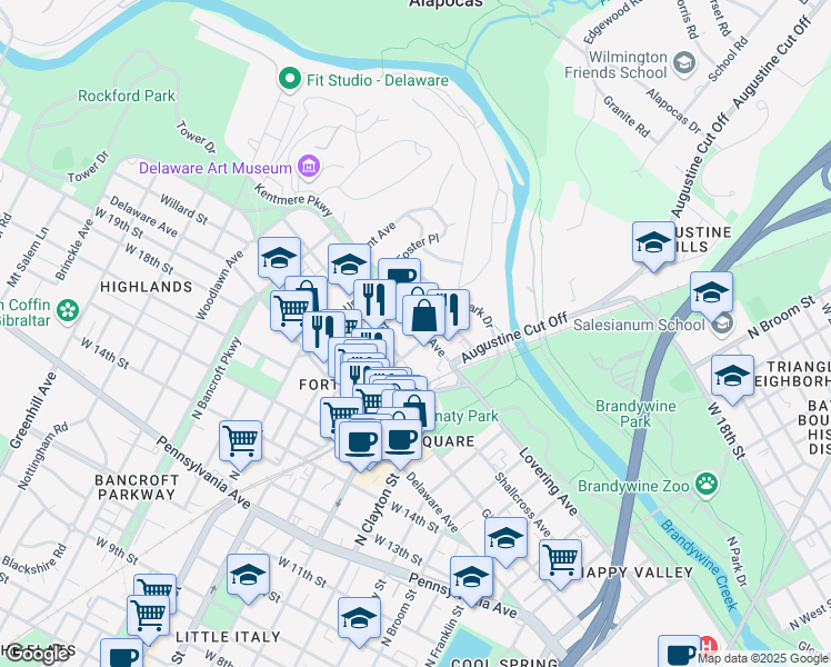 map of restaurants, bars, coffee shops, grocery stores, and more near 1808 Lovering Avenue in Wilmington