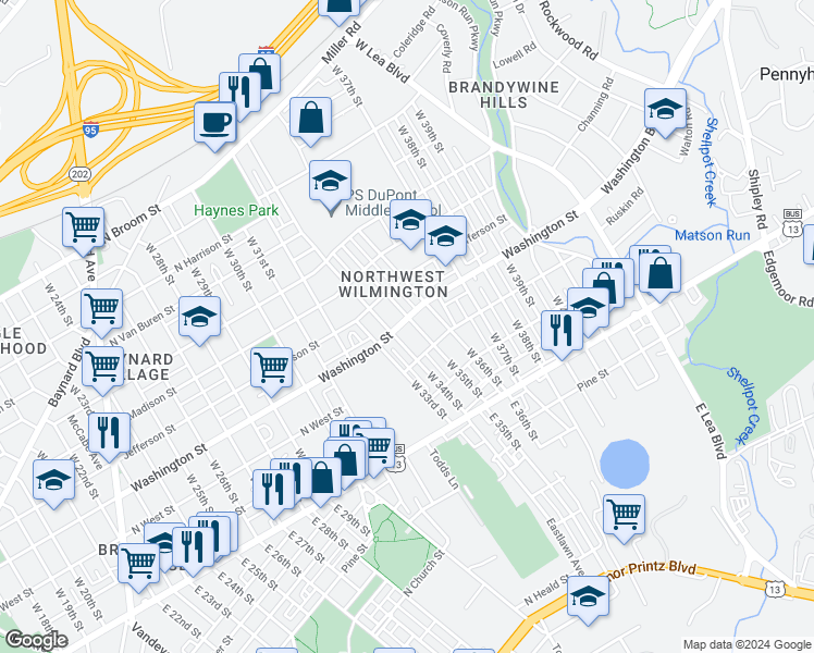 map of restaurants, bars, coffee shops, grocery stores, and more near 226 West 35th Street in Wilmington