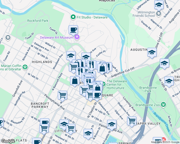 map of restaurants, bars, coffee shops, grocery stores, and more near 1824 N Lincoln St in Wilmington