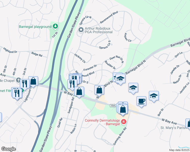 map of restaurants, bars, coffee shops, grocery stores, and more near 8 Woodmere Court in Barnegat Township