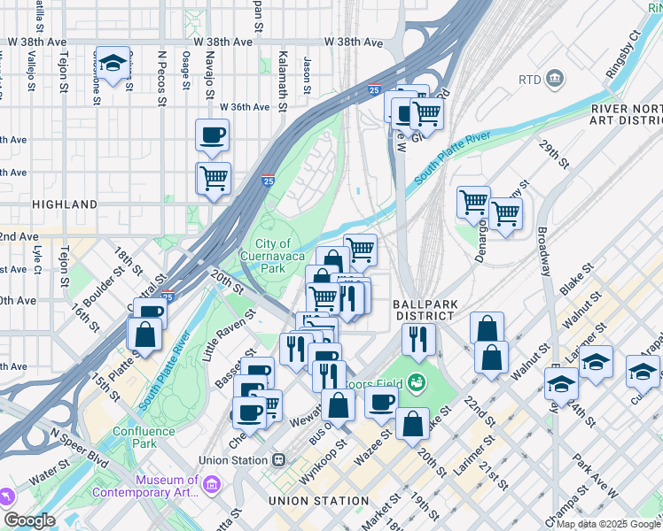 map of restaurants, bars, coffee shops, grocery stores, and more near 3100 Inca Street in Denver