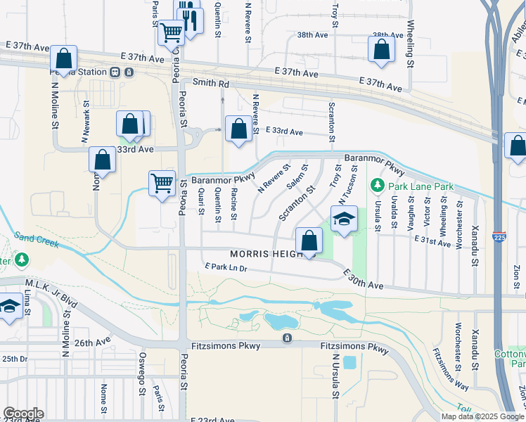 map of restaurants, bars, coffee shops, grocery stores, and more near 3100 Salem Street in Aurora