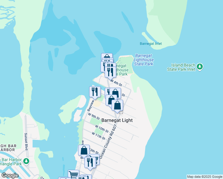map of restaurants, bars, coffee shops, grocery stores, and more near 504 Broadway in Barnegat Light