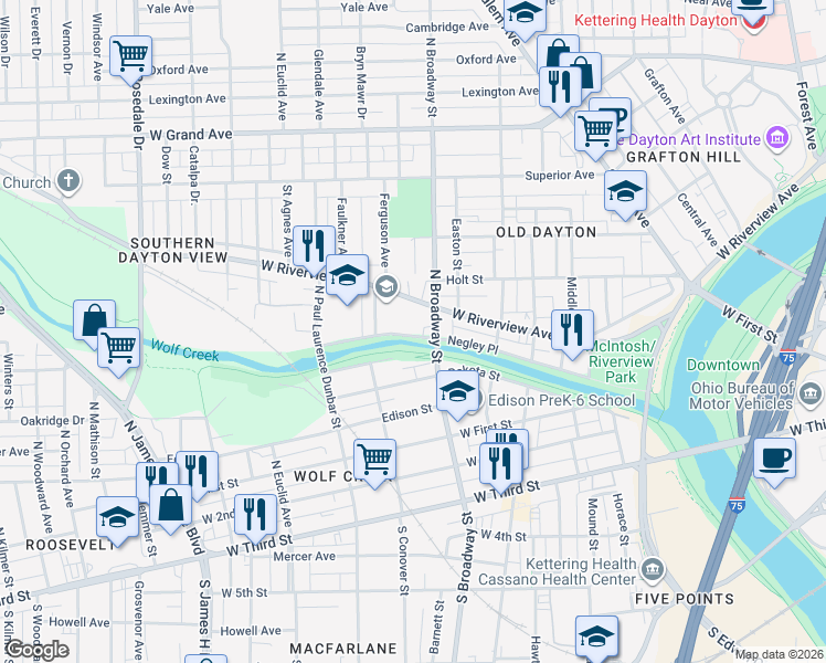 map of restaurants, bars, coffee shops, grocery stores, and more near 721 Negley Place in Dayton