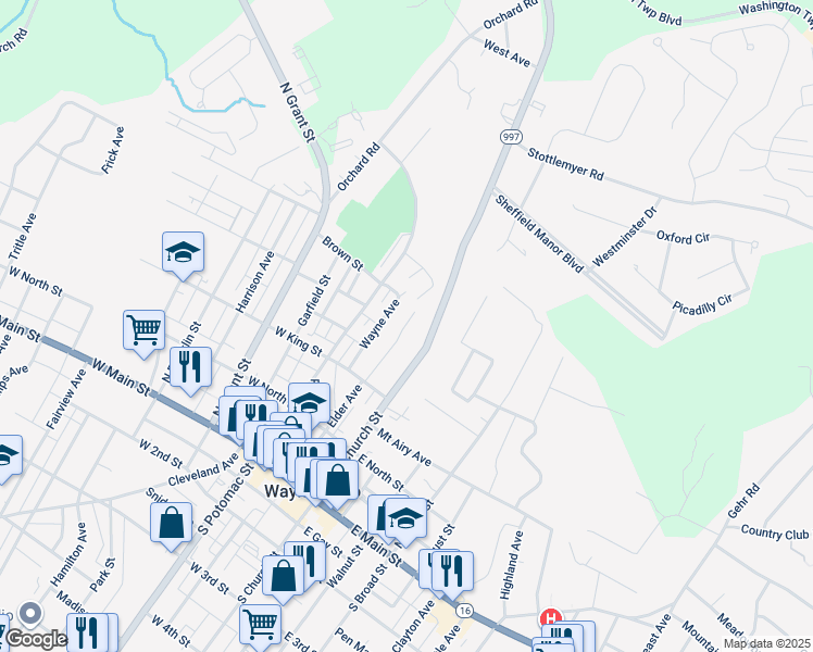 map of restaurants, bars, coffee shops, grocery stores, and more near 213 Crown Court in Waynesboro