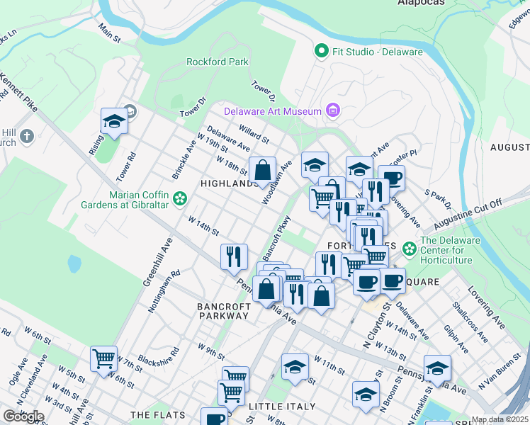 map of restaurants, bars, coffee shops, grocery stores, and more near 1605 North Bancroft Parkway in Wilmington