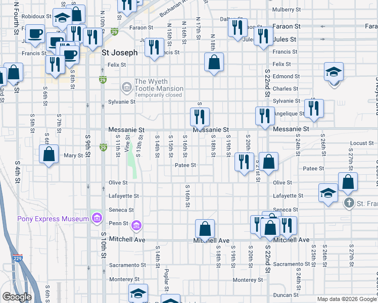 map of restaurants, bars, coffee shops, grocery stores, and more near 724 South 17th Street in Saint Joseph