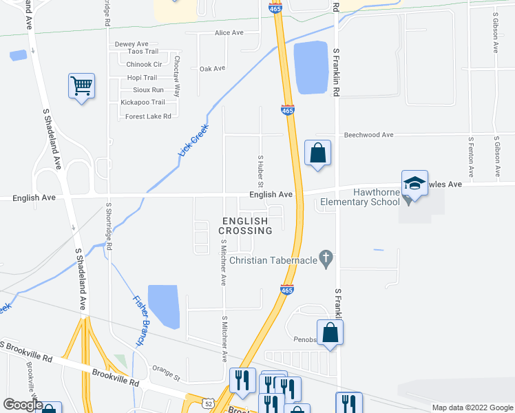 map of restaurants, bars, coffee shops, grocery stores, and more near 7736 Woods Crossing Avenue in Indianapolis