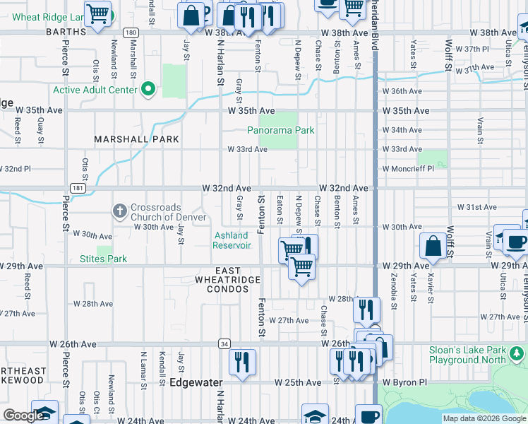 map of restaurants, bars, coffee shops, grocery stores, and more near 3002 Fenton Street in Wheat Ridge