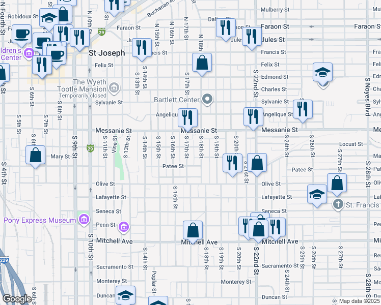 map of restaurants, bars, coffee shops, grocery stores, and more near 730 South 18th Street in Saint Joseph