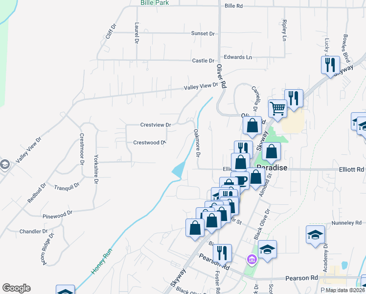 map of restaurants, bars, coffee shops, grocery stores, and more near 5883 Oakmore Drive in Paradise