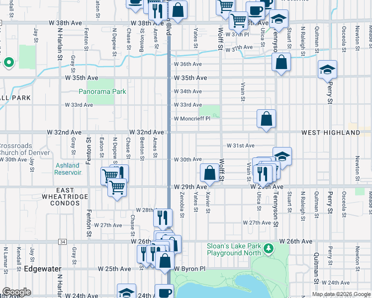 map of restaurants, bars, coffee shops, grocery stores, and more near 3001 Zenobia Street in Denver