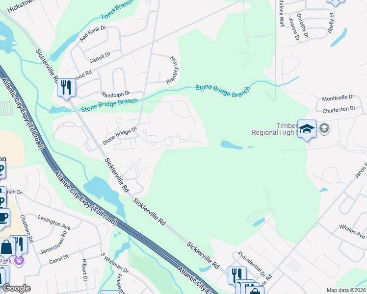 map of restaurants, bars, coffee shops, grocery stores, and more near 1214 Thackery Court in Sicklerville