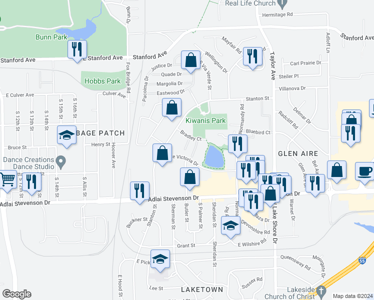 map of restaurants, bars, coffee shops, grocery stores, and more near 2074 Bradley Court in Springfield
