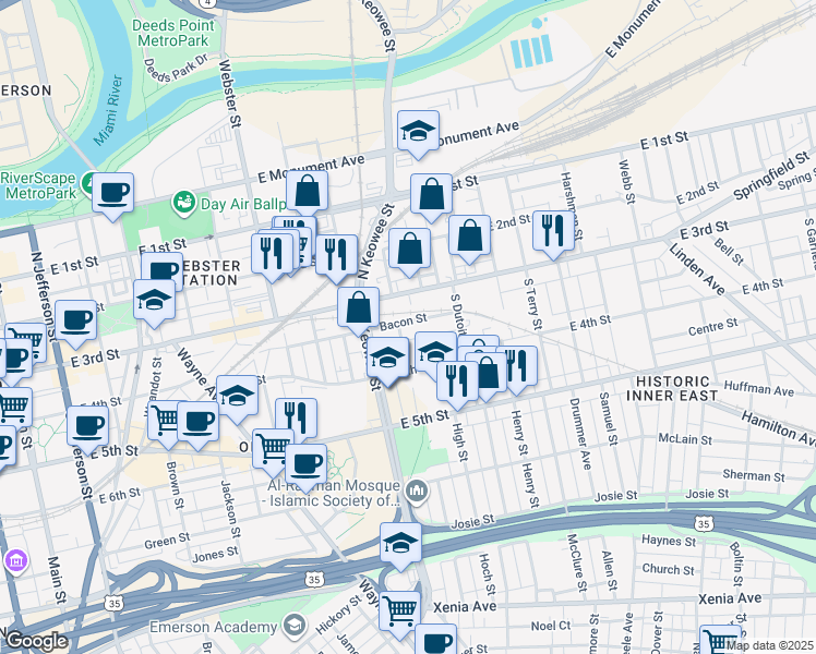 map of restaurants, bars, coffee shops, grocery stores, and more near 100 South Keowee Street in Dayton