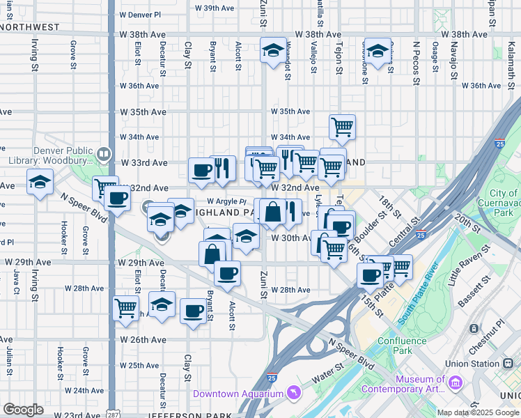 map of restaurants, bars, coffee shops, grocery stores, and more near 2409 West Argyle Place in Denver