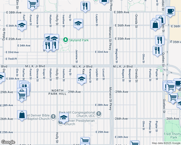 map of restaurants, bars, coffee shops, grocery stores, and more near 3018 Krameria Street in Denver