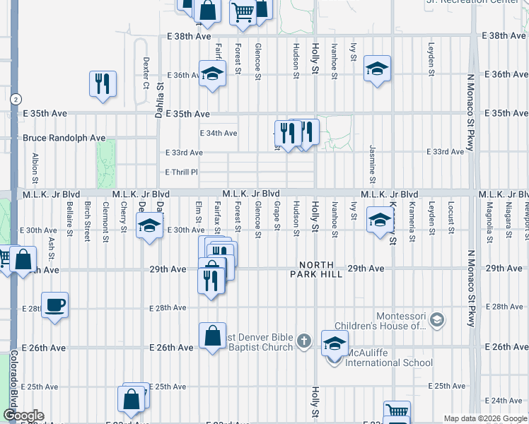 map of restaurants, bars, coffee shops, grocery stores, and more near 3011 Grape Street in Denver