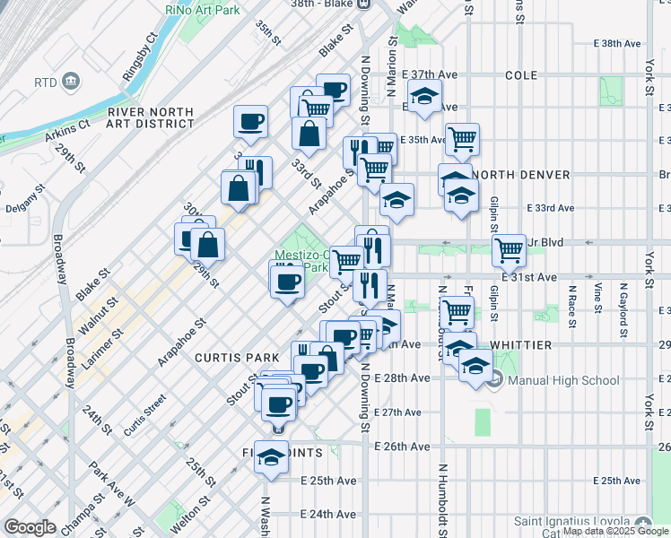 map of restaurants, bars, coffee shops, grocery stores, and more near 3133 Stout Street in Denver