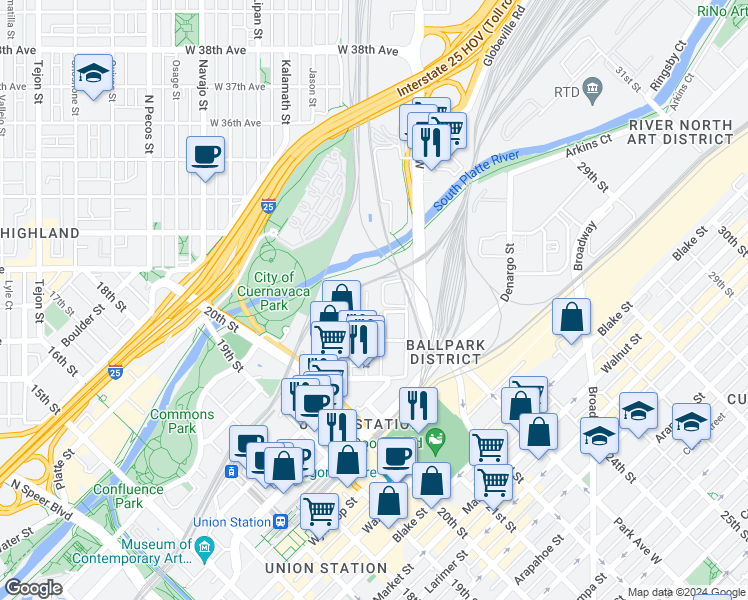 map of restaurants, bars, coffee shops, grocery stores, and more near 3030 Huron Street in Denver