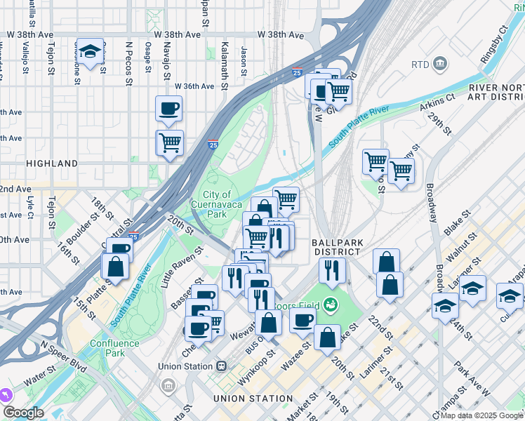 map of restaurants, bars, coffee shops, grocery stores, and more near 3100 N Inca Street in Denver