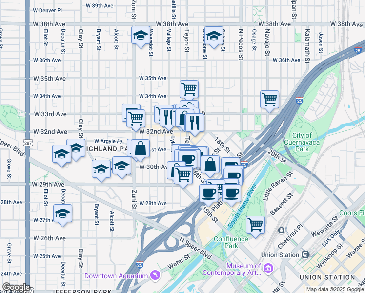 map of restaurants, bars, coffee shops, grocery stores, and more near 2102 West 31st Avenue in Denver
