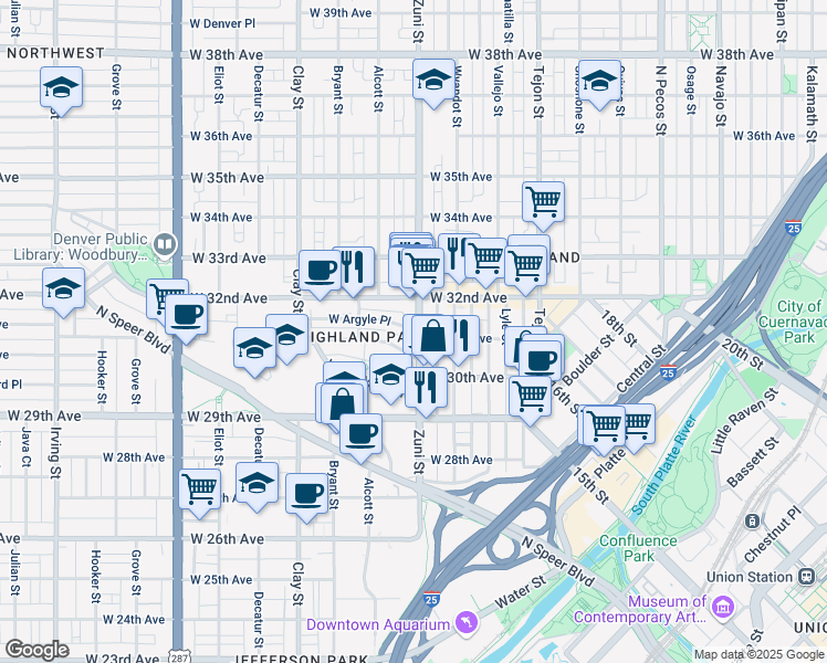map of restaurants, bars, coffee shops, grocery stores, and more near in Denver