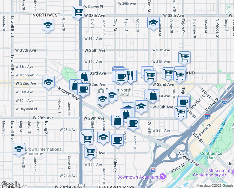map of restaurants, bars, coffee shops, grocery stores, and more near 2631 West Dunkeld Place in Denver