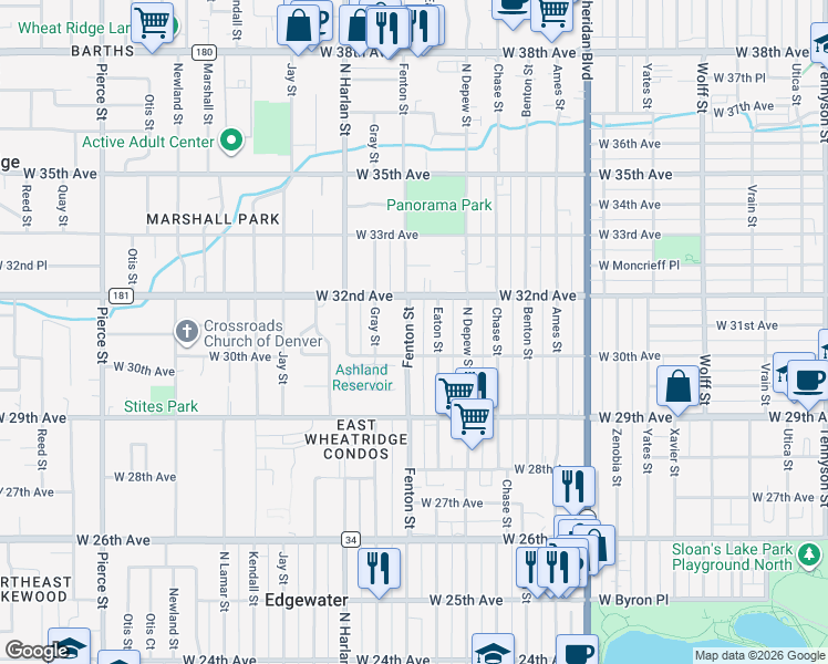 map of restaurants, bars, coffee shops, grocery stores, and more near 3002 Fenton Street in Wheat Ridge