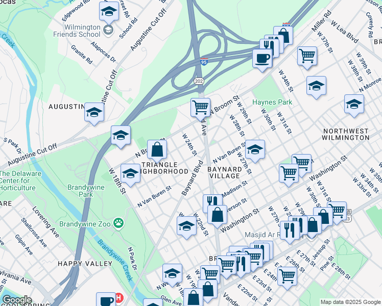 map of restaurants, bars, coffee shops, grocery stores, and more near 2311 Baynard Boulevard in Wilmington