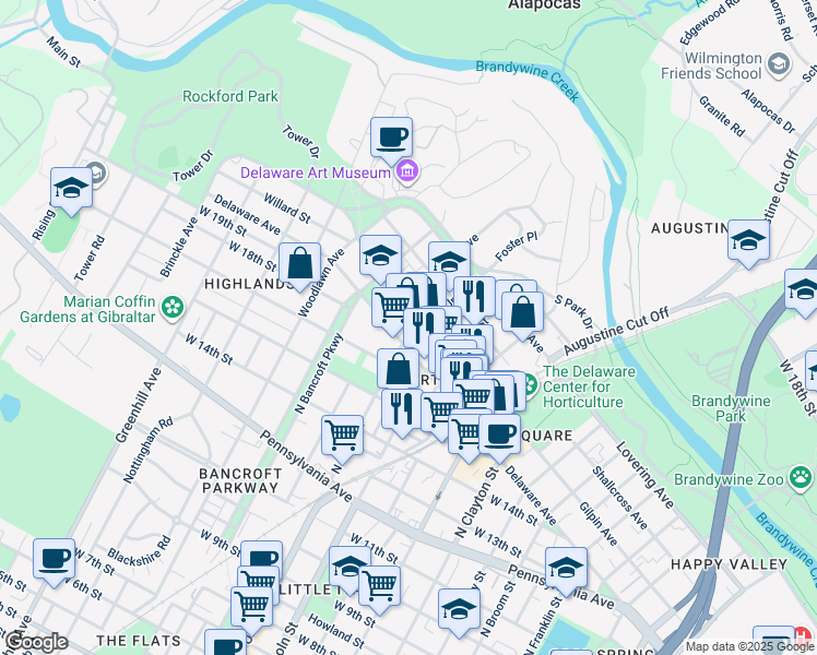 map of restaurants, bars, coffee shops, grocery stores, and more near in Wilmington