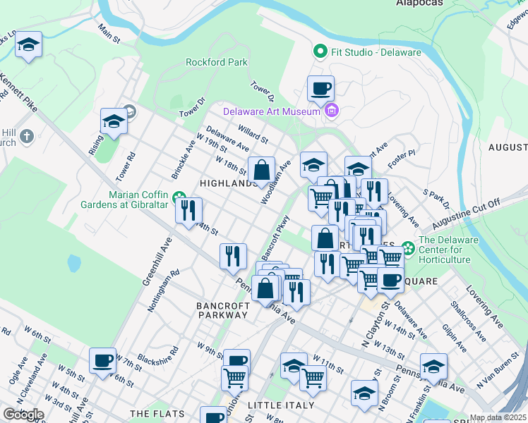 map of restaurants, bars, coffee shops, grocery stores, and more near 1605 North Bancroft Parkway in Wilmington
