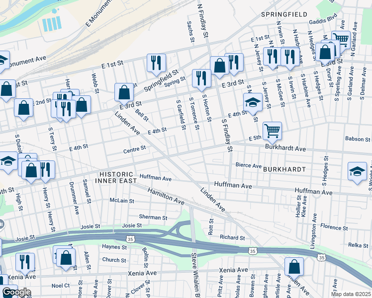 map of restaurants, bars, coffee shops, grocery stores, and more near 2340 East 5th Street in Dayton