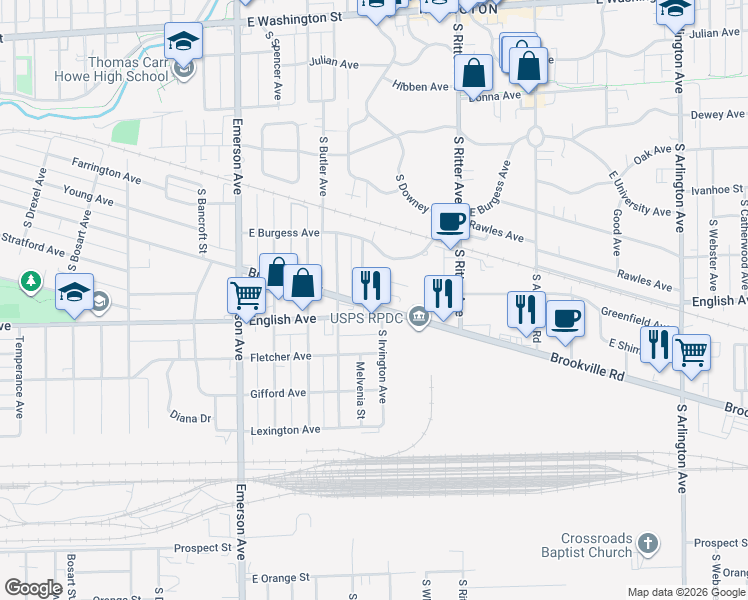 map of restaurants, bars, coffee shops, grocery stores, and more near 5329 South Brookville Road in Indianapolis