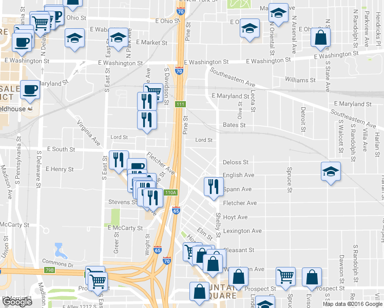 map of restaurants, bars, coffee shops, grocery stores, and more near 938 English Avenue in Indianapolis
